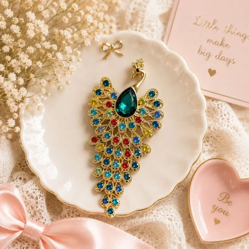 Colorful Rhinestone Peacock Brooch, Gold Tone, Maximalist Statement Bird Pin